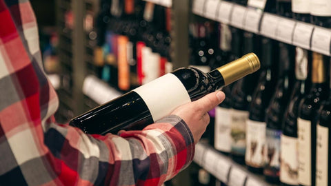 Person in a plaid shirt holding a wine bottle while browsing shelves in a wine store.