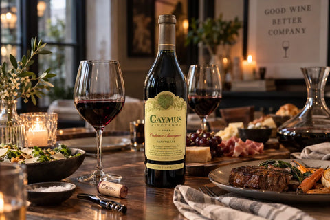 Caymus Napa Valley Cabernet Sauvignon bottle displayed with wine glass and vineyard-inspired backdrop.