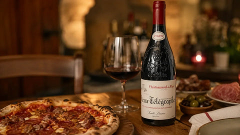 Domaine du Vieux Télégraphe Châteauneuf-du-Pape from Community Wine & Spirits with pizza, olives, and red wine.