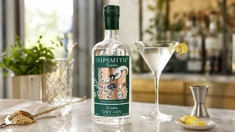 Sipsmith London Dry Gin bottle beside a classic Martini garnished with a lemon twist.