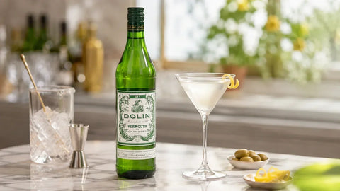 Dolin Dry Vermouth from Community Wine & Spirits beside a martini, olives, lemon twists, ice, and bar tools.