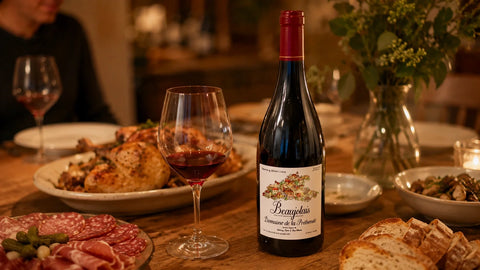 Domaine de la Prébende Beaujolais from Community Wine & Spirits with red wine, roast chicken, charcuterie, and bread.