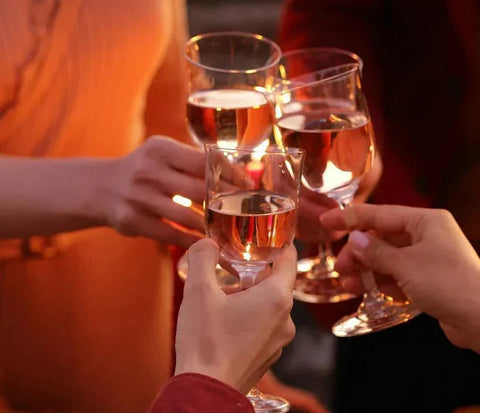 Friends toast rosé wine at a warm gathering with Community Wine & Spirits.