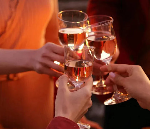Friends toast rosé wine at a warm gathering with Community Wine & Spirits.