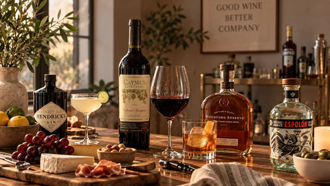 Selection of wine glasses in different shapes and sizes displayed with a bottle of red wine on a wooden table.