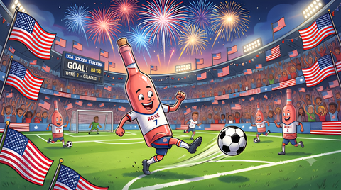  Rosé bottles play soccer under fireworks in a Community Wine & Spirits Fourth of July scene.