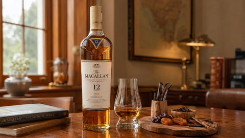 The Macallan 12 Double Cask from Community Wine & Spirits beside a whisky glass, dried fruit, and vanilla pods.